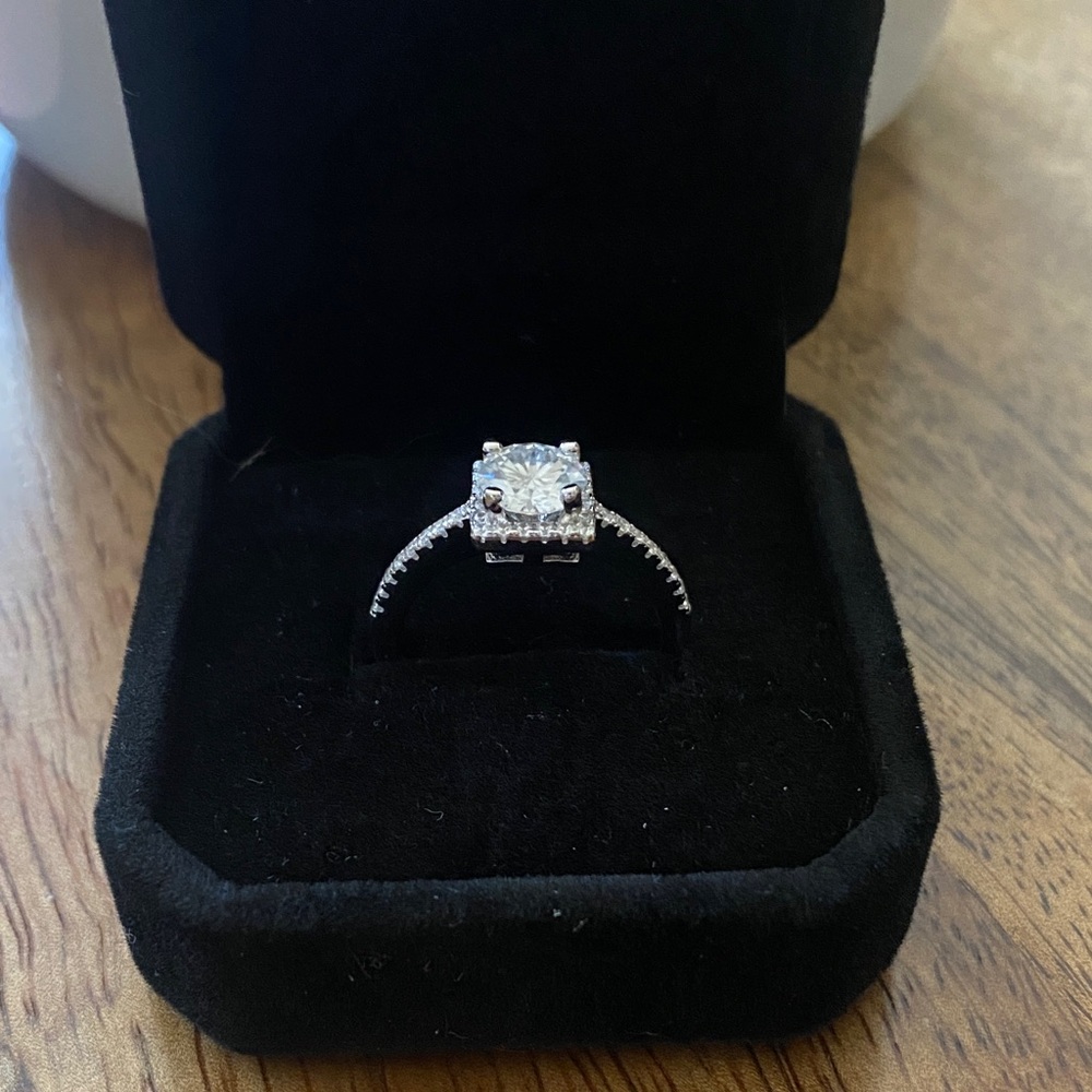 Round Cut Moissanite with Square Halo & Silver Ring